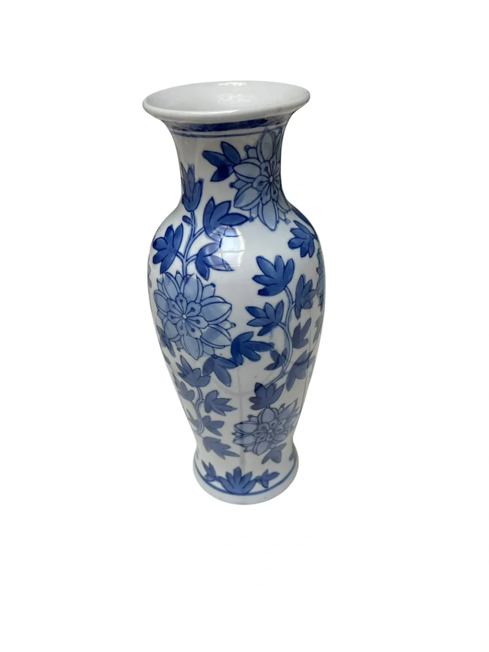 Vintage Blue White Porcelain Floral Vase Chinoiserie Bud Vase 10.5” Decor